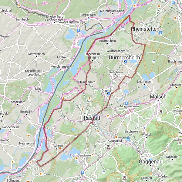 Map miniature of "Exploring Historical Gravel Routes" cycling inspiration in Karlsruhe, Germany. Generated by Tarmacs.app cycling route planner