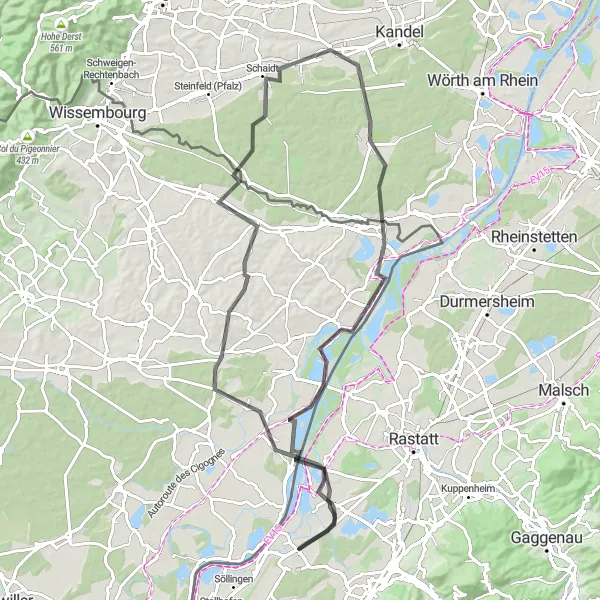 Map miniature of "The Bienwald Tour" cycling inspiration in Karlsruhe, Germany. Generated by Tarmacs.app cycling route planner