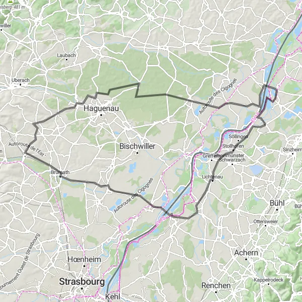 Karten-Miniaturansicht der Radinspiration "Tour entlang des Rheins und durch malerische Dörfer" in Karlsruhe, Germany. Erstellt vom Tarmacs.app-Routenplaner für Radtouren