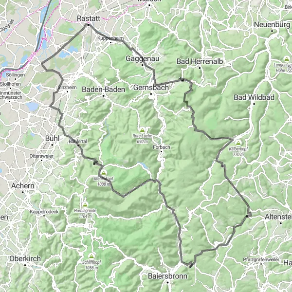 Map miniature of "The Asphalt Challenge" cycling inspiration in Karlsruhe, Germany. Generated by Tarmacs.app cycling route planner