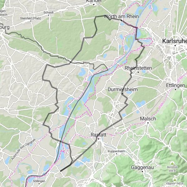 Map miniature of "Riverside Adventure for Road Enthusiasts" cycling inspiration in Karlsruhe, Germany. Generated by Tarmacs.app cycling route planner