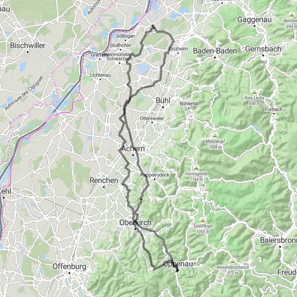 Karten-Miniaturansicht der Radinspiration "Rundfahrt von Hügelsheim nach Achern und zurück" in Karlsruhe, Germany. Erstellt vom Tarmacs.app-Routenplaner für Radtouren