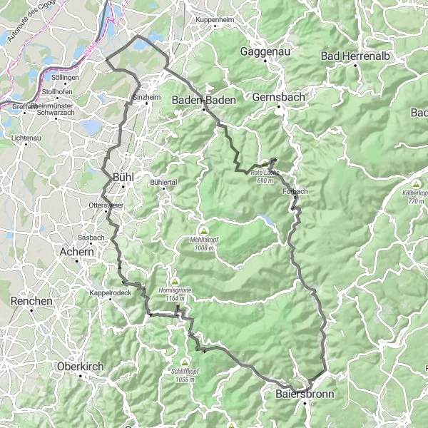 Karten-Miniaturansicht der Radinspiration "Herausfordernde Route von Hügelsheim nach Klosterreichenbach" in Karlsruhe, Germany. Erstellt vom Tarmacs.app-Routenplaner für Radtouren