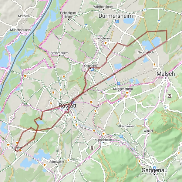 Map miniature of "The Gravel Adventure to Rastatt" cycling inspiration in Karlsruhe, Germany. Generated by Tarmacs.app cycling route planner