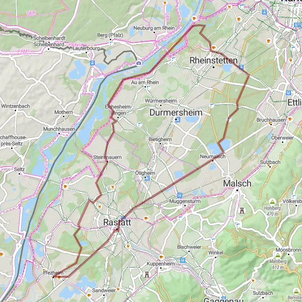 Map miniature of "The Riverside Gravel Route" cycling inspiration in Karlsruhe, Germany. Generated by Tarmacs.app cycling route planner