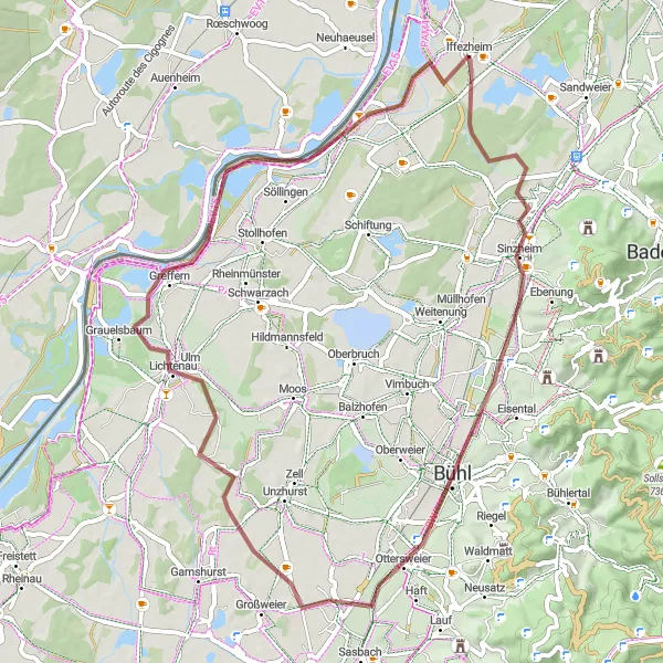 Karten-Miniaturansicht der Radinspiration "Gravel-Tour über Sinzheim und Bühl" in Karlsruhe, Germany. Erstellt vom Tarmacs.app-Routenplaner für Radtouren