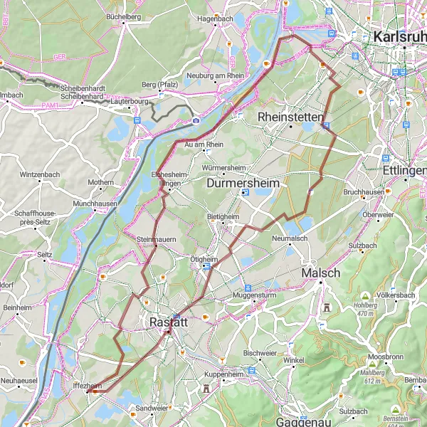 Karten-Miniaturansicht der Radinspiration "Rheinufer-Gravelroute" in Karlsruhe, Germany. Erstellt vom Tarmacs.app-Routenplaner für Radtouren