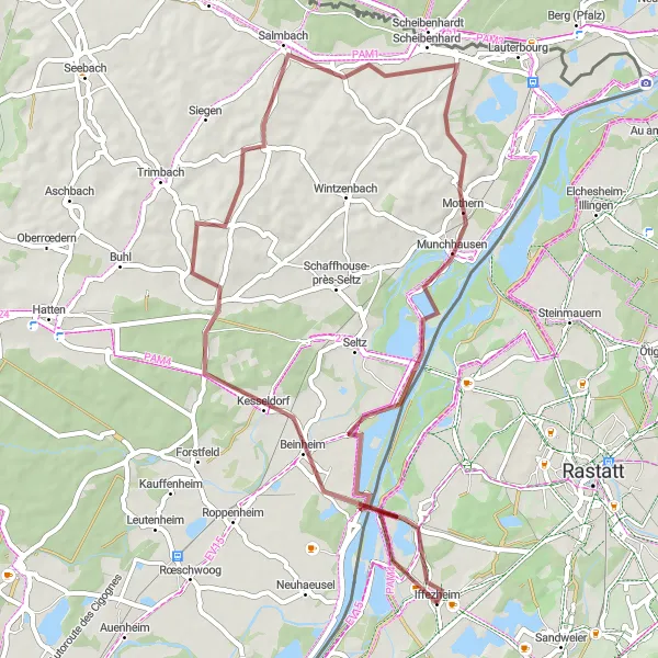 Map miniature of "The Unique Gravel Experience" cycling inspiration in Karlsruhe, Germany. Generated by Tarmacs.app cycling route planner