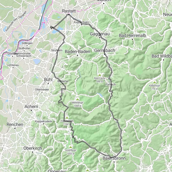 Map miniature of "Black Forest Challenge" cycling inspiration in Karlsruhe, Germany. Generated by Tarmacs.app cycling route planner