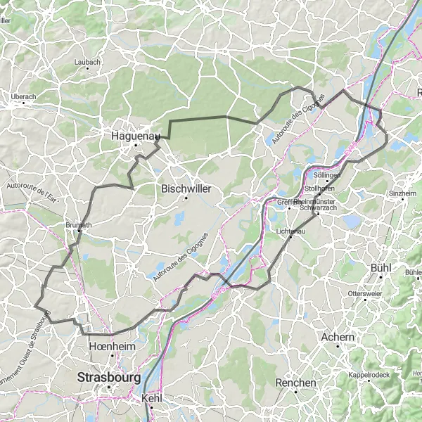 Map miniature of "The Rhine Cycle Road Adventure" cycling inspiration in Karlsruhe, Germany. Generated by Tarmacs.app cycling route planner