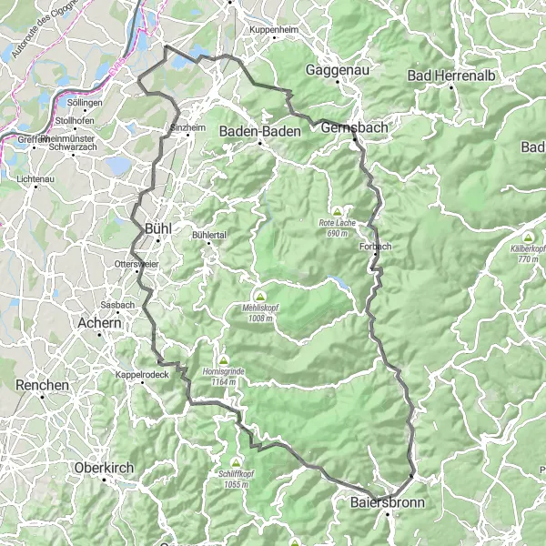Map miniature of "Northern Black Forest Loop" cycling inspiration in Karlsruhe, Germany. Generated by Tarmacs.app cycling route planner