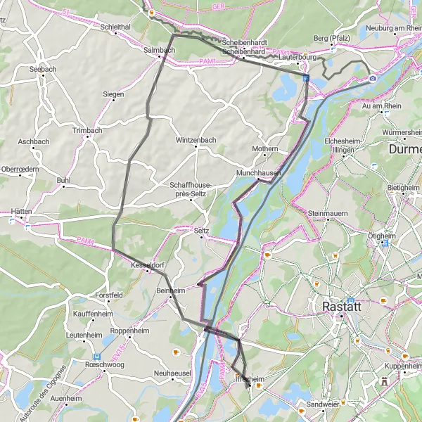 Map miniature of "Rural Road Adventure" cycling inspiration in Karlsruhe, Germany. Generated by Tarmacs.app cycling route planner