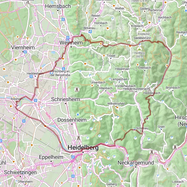 Map miniature of "The Weinheim Gravel Expedition" cycling inspiration in Karlsruhe, Germany. Generated by Tarmacs.app cycling route planner
