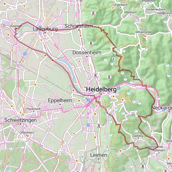 Map miniature of "Gravel Adventure through Schriesheim" cycling inspiration in Karlsruhe, Germany. Generated by Tarmacs.app cycling route planner