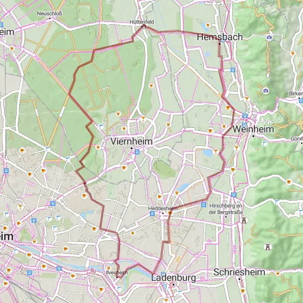 Map miniature of "Gravel Experience in the Rhein-Neckar Region" cycling inspiration in Karlsruhe, Germany. Generated by Tarmacs.app cycling route planner