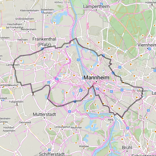 Map miniature of "The Cultural Road Ride" cycling inspiration in Karlsruhe, Germany. Generated by Tarmacs.app cycling route planner