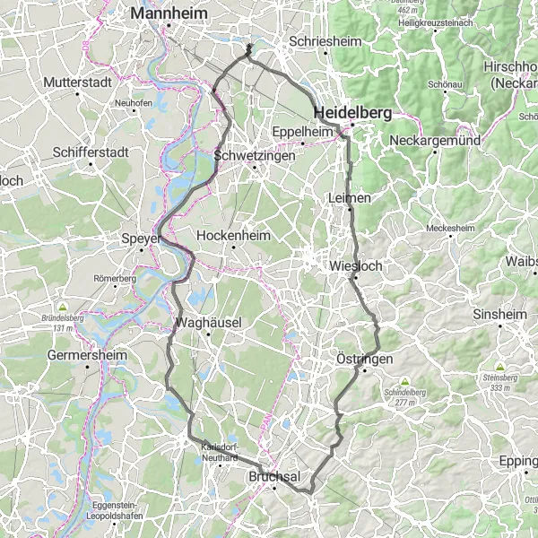 Map miniature of "Road Cycling Challenge via Wiesloch" cycling inspiration in Karlsruhe, Germany. Generated by Tarmacs.app cycling route planner
