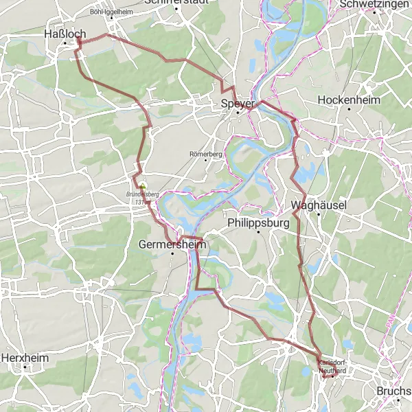 Map miniature of "Karlsruhe - Graben-Neudorf Loop" cycling inspiration in Karlsruhe, Germany. Generated by Tarmacs.app cycling route planner