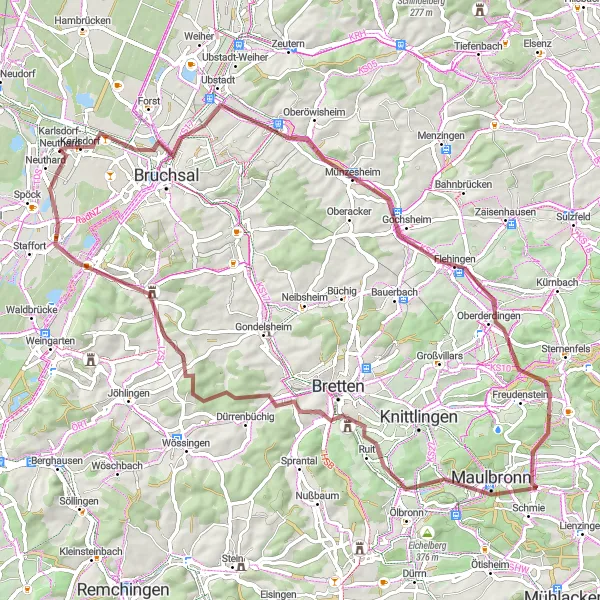 Map miniature of "Karlsdorf-Neuthard - Oberderdingen Loop" cycling inspiration in Karlsruhe, Germany. Generated by Tarmacs.app cycling route planner