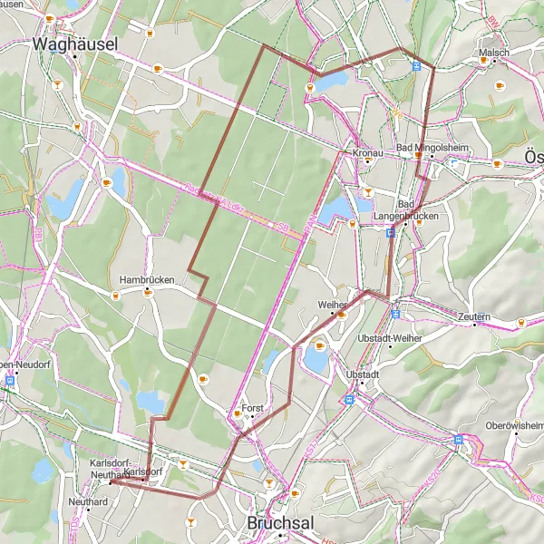 Map miniature of "Karlsdorf-Neuthard - Bad Langenbrücken Loop" cycling inspiration in Karlsruhe, Germany. Generated by Tarmacs.app cycling route planner