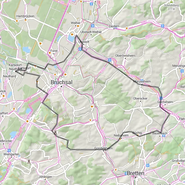 Map miniature of "Karlsdorf-Neuthard - Gondelsheim Loop" cycling inspiration in Karlsruhe, Germany. Generated by Tarmacs.app cycling route planner