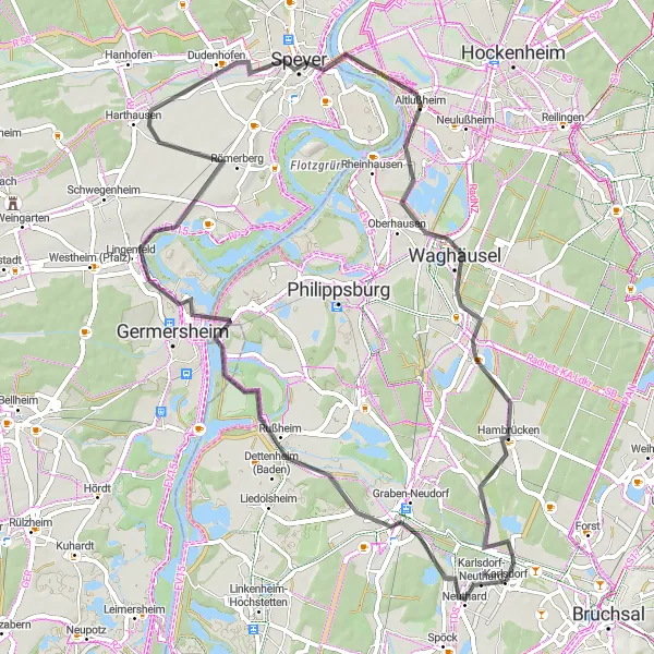 Map miniature of "Graben-Neudorf to Hambrücken Loop" cycling inspiration in Karlsruhe, Germany. Generated by Tarmacs.app cycling route planner