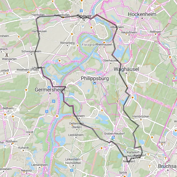 Map miniature of "Graben-Neudorf Loop with Rheinbalkon" cycling inspiration in Karlsruhe, Germany. Generated by Tarmacs.app cycling route planner
