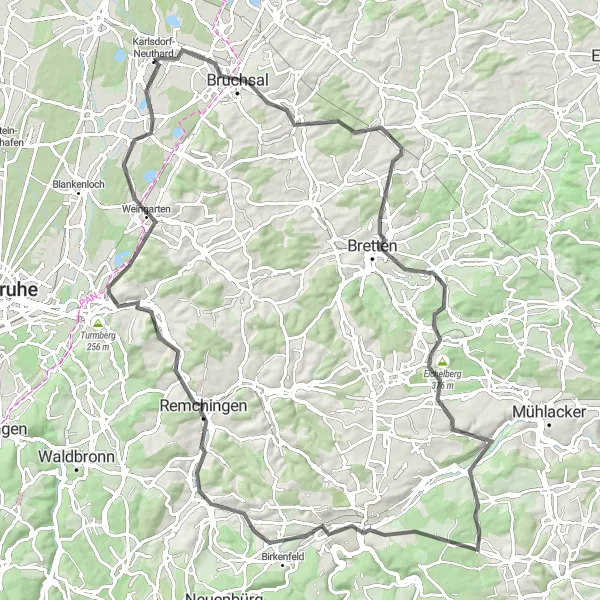 Map miniature of "Bruchsal to Neuthard Scenic Tour" cycling inspiration in Karlsruhe, Germany. Generated by Tarmacs.app cycling route planner