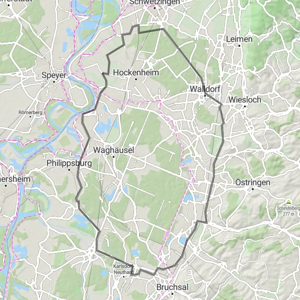 Map miniature of "Karlsruhe Escape" cycling inspiration in Karlsruhe, Germany. Generated by Tarmacs.app cycling route planner