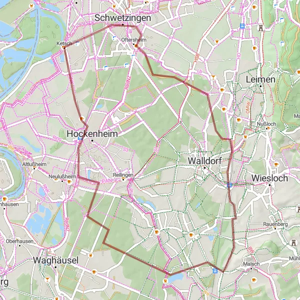 Karten-Miniaturansicht der Radinspiration "Gravel-Tour durch Hockenheim und Oftersheim" in Karlsruhe, Germany. Erstellt vom Tarmacs.app-Routenplaner für Radtouren