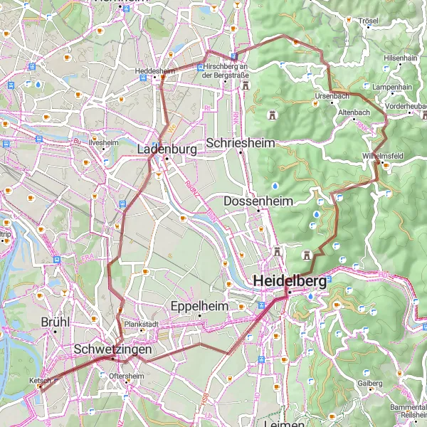 Map miniature of "Gravel Tour through Schwetzingen to Heidelberg and beyond" cycling inspiration in Karlsruhe, Germany. Generated by Tarmacs.app cycling route planner