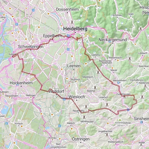 Map miniature of "Gravel Adventure through Ehrenfriedhof and Wallenberg" cycling inspiration in Karlsruhe, Germany. Generated by Tarmacs.app cycling route planner