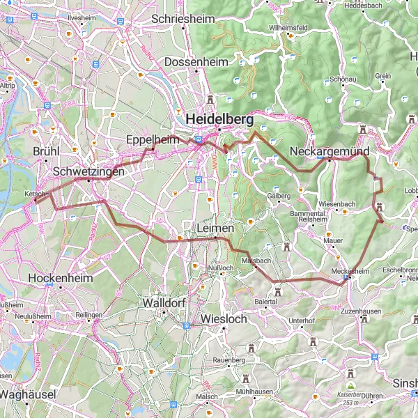 Map miniature of "Challenging Gravel Tour from Schwetzingen to Königstuhl" cycling inspiration in Karlsruhe, Germany. Generated by Tarmacs.app cycling route planner