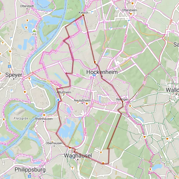 Map miniature of "Hockenheim, Waghäusel, Altlußheim Circuit" cycling inspiration in Karlsruhe, Germany. Generated by Tarmacs.app cycling route planner