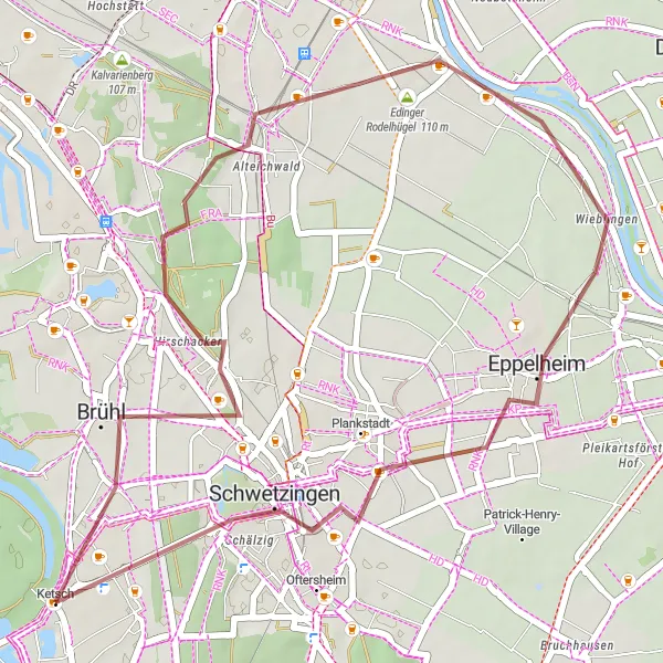 Map miniature of "Brühl, Edinger Rodelhügel, Eppelheim, Schwetzingen Loop" cycling inspiration in Karlsruhe, Germany. Generated by Tarmacs.app cycling route planner