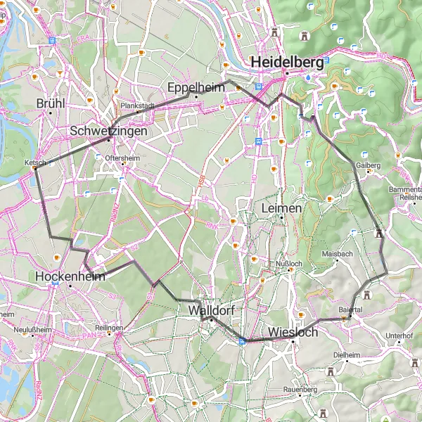 Karten-Miniaturansicht der Radinspiration "Kulturtour durch Wiesloch und Ketsch" in Karlsruhe, Germany. Erstellt vom Tarmacs.app-Routenplaner für Radtouren
