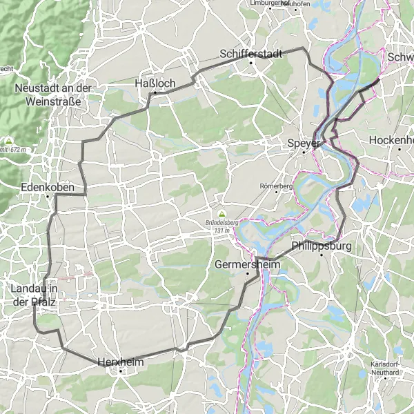 Map miniature of "Altlußheim-Pfalz-Landau Loop" cycling inspiration in Karlsruhe, Germany. Generated by Tarmacs.app cycling route planner
