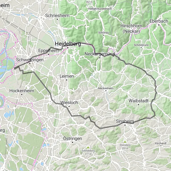 Map miniature of "Road Cycling to Heidelberg and Sinsheim" cycling inspiration in Karlsruhe, Germany. Generated by Tarmacs.app cycling route planner