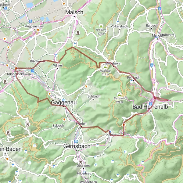 Karten-Miniaturansicht der Radinspiration "Gravel-Tour um Kuppenheim" in Karlsruhe, Germany. Erstellt vom Tarmacs.app-Routenplaner für Radtouren