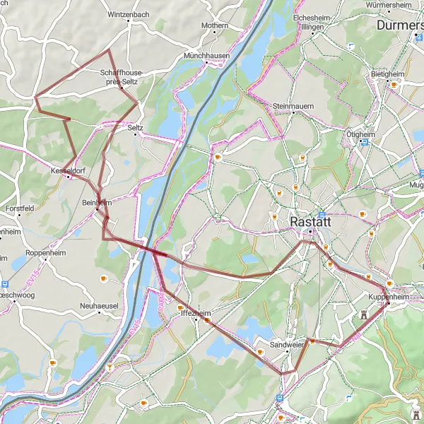 Map miniature of "Rastatt and Schloss Favorite Gravel Ride" cycling inspiration in Karlsruhe, Germany. Generated by Tarmacs.app cycling route planner