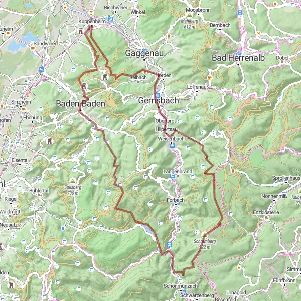 Map miniature of "Mountain Adventure: Dürrenberg and Herrenwieser See Gravel Challenge" cycling inspiration in Karlsruhe, Germany. Generated by Tarmacs.app cycling route planner