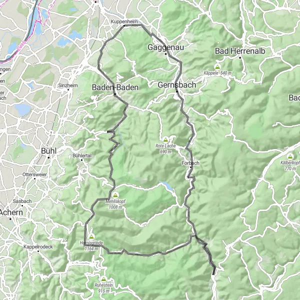 Map miniature of "Kuppenheim to Baden-Baden Loop" cycling inspiration in Karlsruhe, Germany. Generated by Tarmacs.app cycling route planner