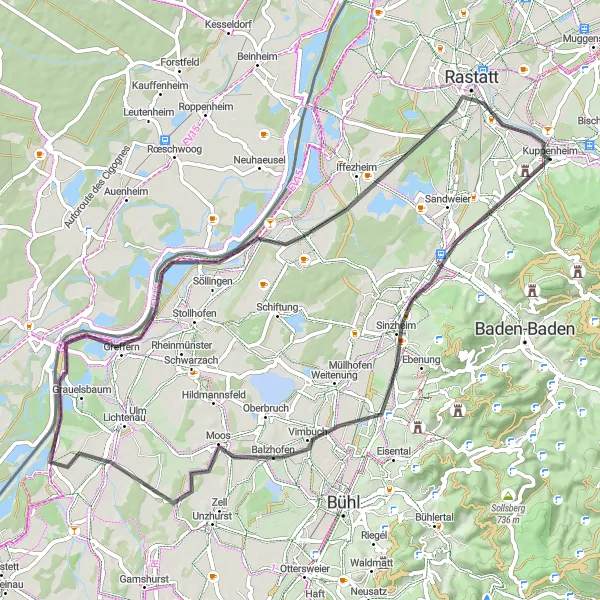 Karten-Miniaturansicht der Radinspiration "Radtour durch Sinzheim und Rastatt" in Karlsruhe, Germany. Erstellt vom Tarmacs.app-Routenplaner für Radtouren