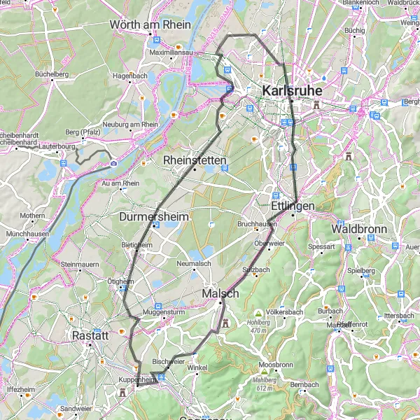 Map miniature of "Karlsruhe Riverside Ride" cycling inspiration in Karlsruhe, Germany. Generated by Tarmacs.app cycling route planner