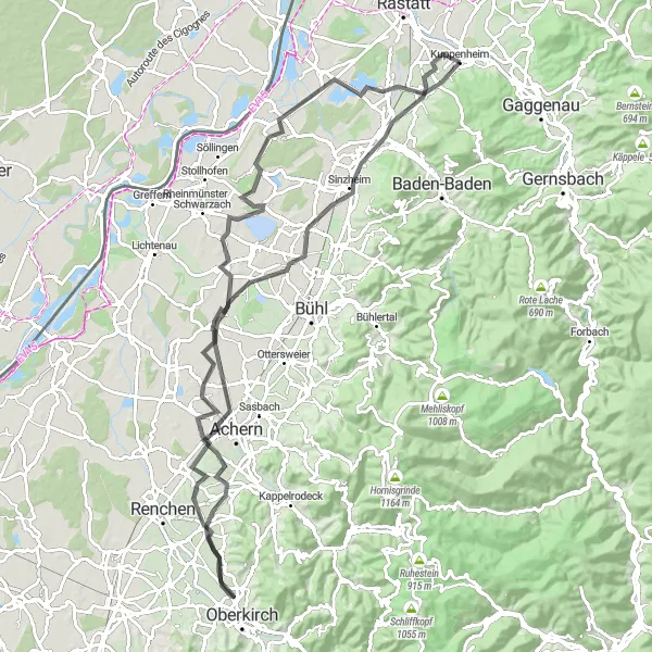 Map miniature of "Hillside Exploration: Hügelsheim and Önsbach Road Adventure" cycling inspiration in Karlsruhe, Germany. Generated by Tarmacs.app cycling route planner