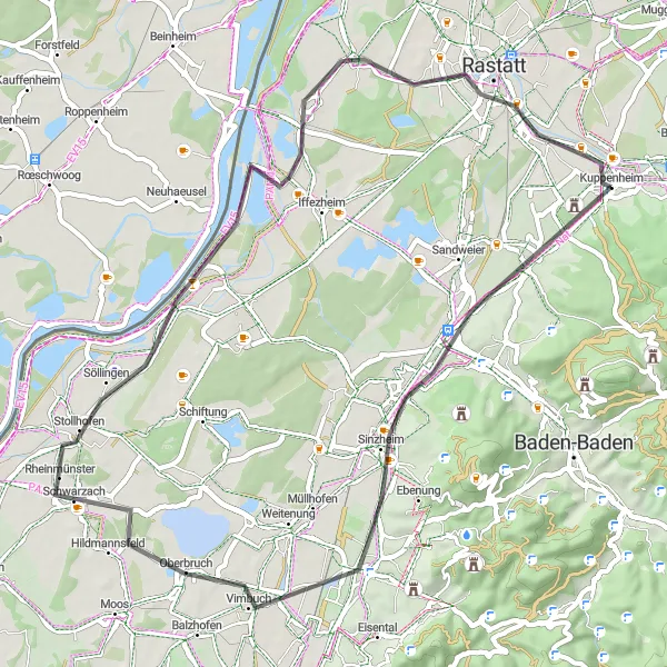 Map miniature of "Sinzheim and Rheinmünster Rides" cycling inspiration in Karlsruhe, Germany. Generated by Tarmacs.app cycling route planner