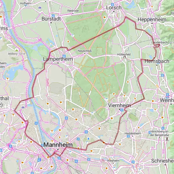 Map miniature of "Exploring Local Gems in the Surrounding Area" cycling inspiration in Karlsruhe, Germany. Generated by Tarmacs.app cycling route planner