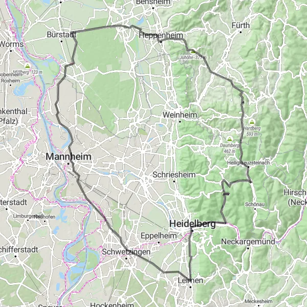 Karten-Miniaturansicht der Radinspiration "Rund um Schwetzingen und Heidelberg" in Karlsruhe, Germany. Erstellt vom Tarmacs.app-Routenplaner für Radtouren