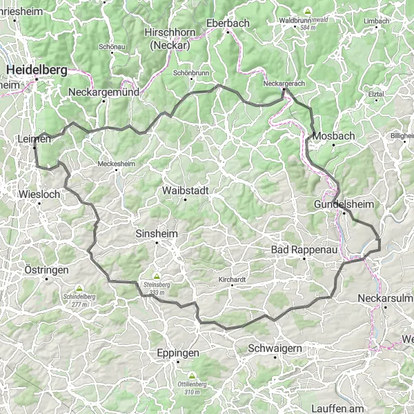 Karten-Miniaturansicht der Radinspiration "Herausfordernde Rundtour um Leimen" in Karlsruhe, Germany. Erstellt vom Tarmacs.app-Routenplaner für Radtouren
