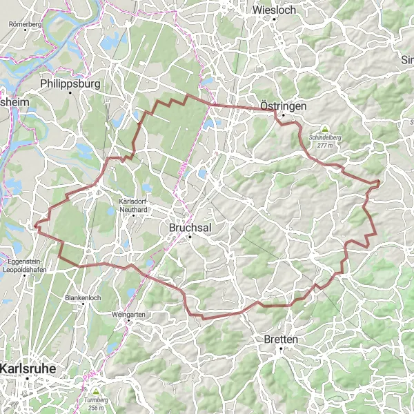 Map miniature of "Gravel Adventure through Natural Beauty" cycling inspiration in Karlsruhe, Germany. Generated by Tarmacs.app cycling route planner